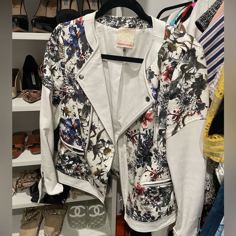 Rebecca Taylor white and floral leather jacket size 8